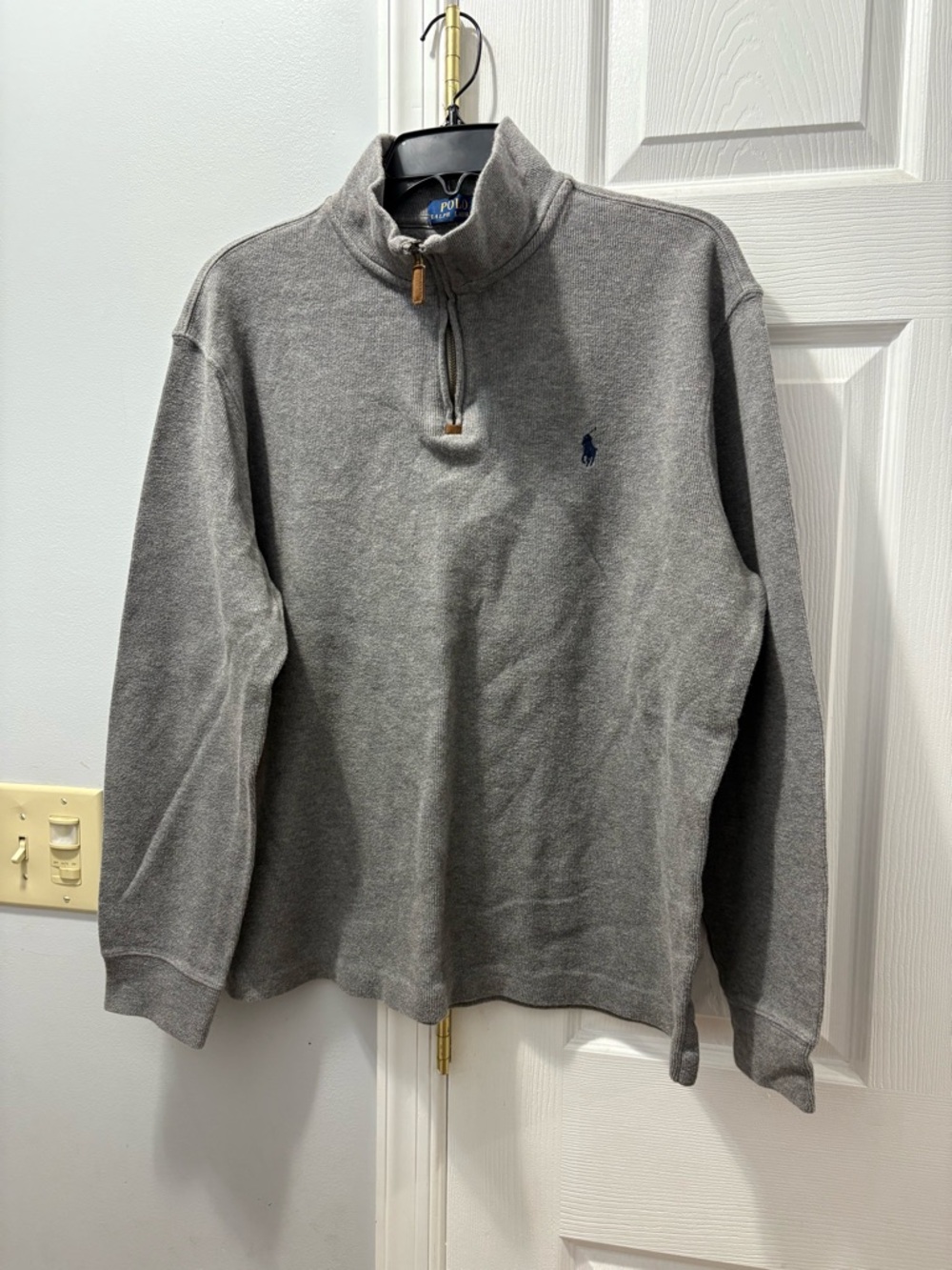 Polo Ralph Lauren Gray Quarter Zip Pullover Navy Embroidered Logo Size Large